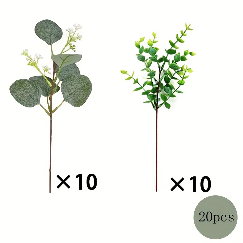 20 Artificial Eucalyptus Leaf Branches With White Flowers And Green Leaves - Realistic Plastic Greenery, Suitable For Bouquets, Wedding Decorations, Home Garden Decorations