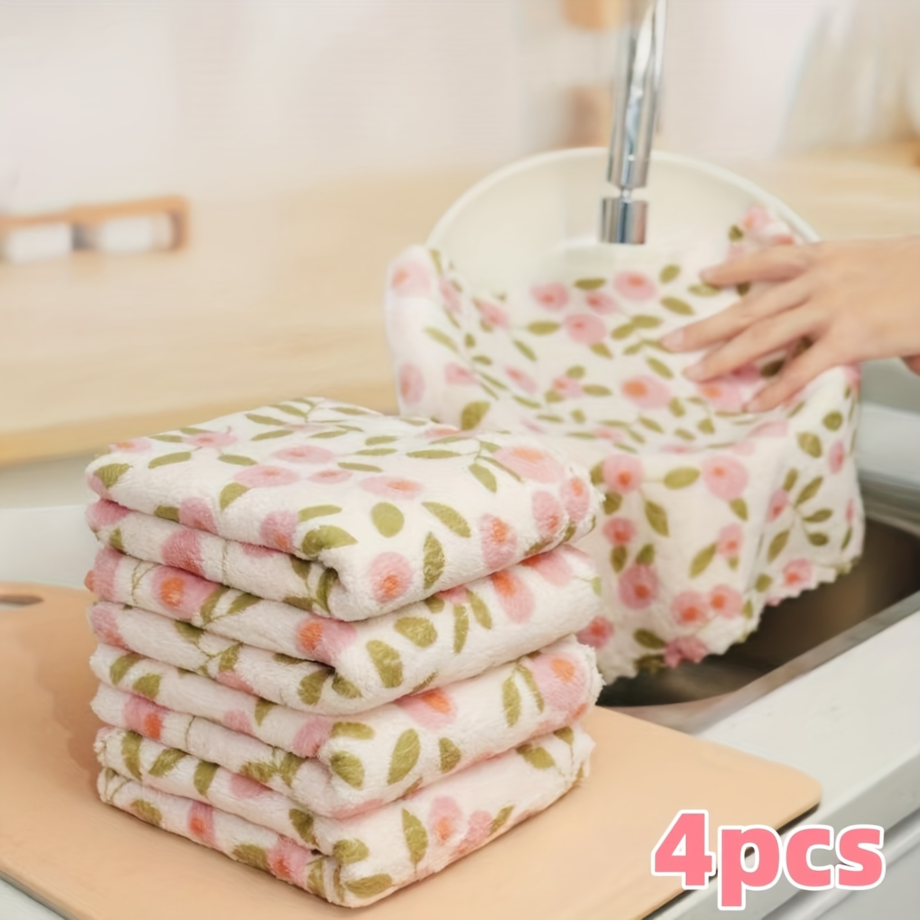 Image of Coral Cleaning Cloth - Absorbent, Quick-drying Microfiber Towel For Kitchen, Bathroom, Car, And Dishes - Floral Pattern Soft Wipes, Large Square, Farmhouse Style, Kitchen Cleaning Cloth