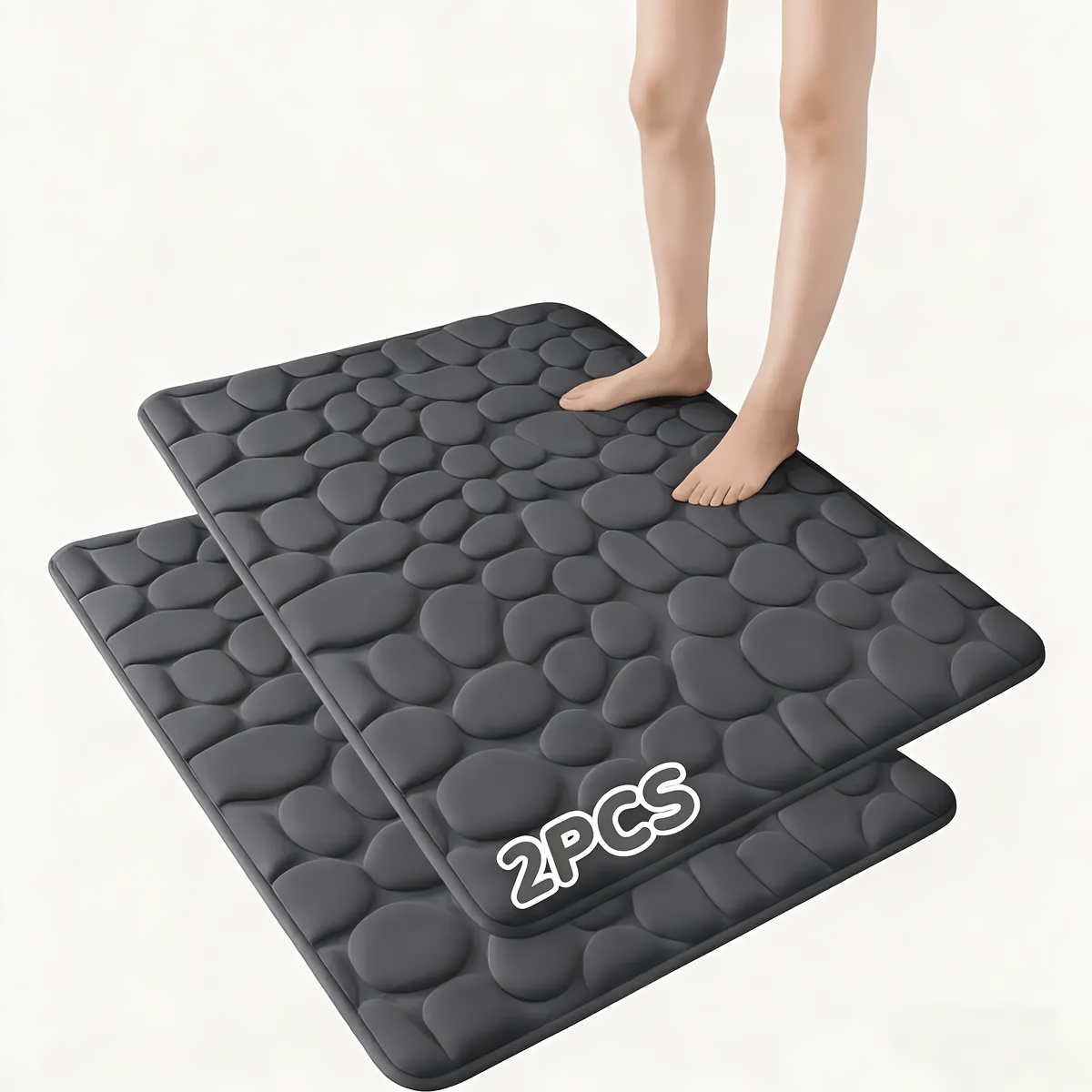 TEMU 2pcs Cobblestone Embossed Machine Washable Non-slip Bathroom Mat, Shower Room Toilet Anti-slip Mat, Soft, Comfortable, Quick-drying Foot Mat For