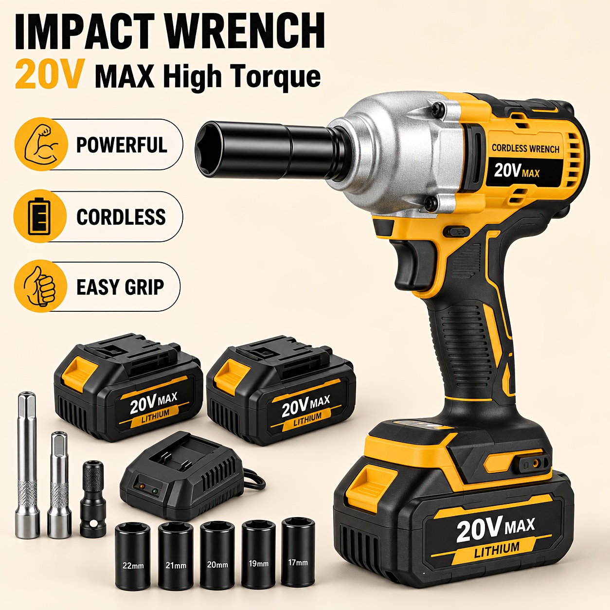 TEMU 20v Impact Wrench, 1200n.m Cordless Impact Wrench Kit, Brushless High Torque Electric Impact Gun 1/2 Inch Drive, 4-speed Variable Control, .0ah