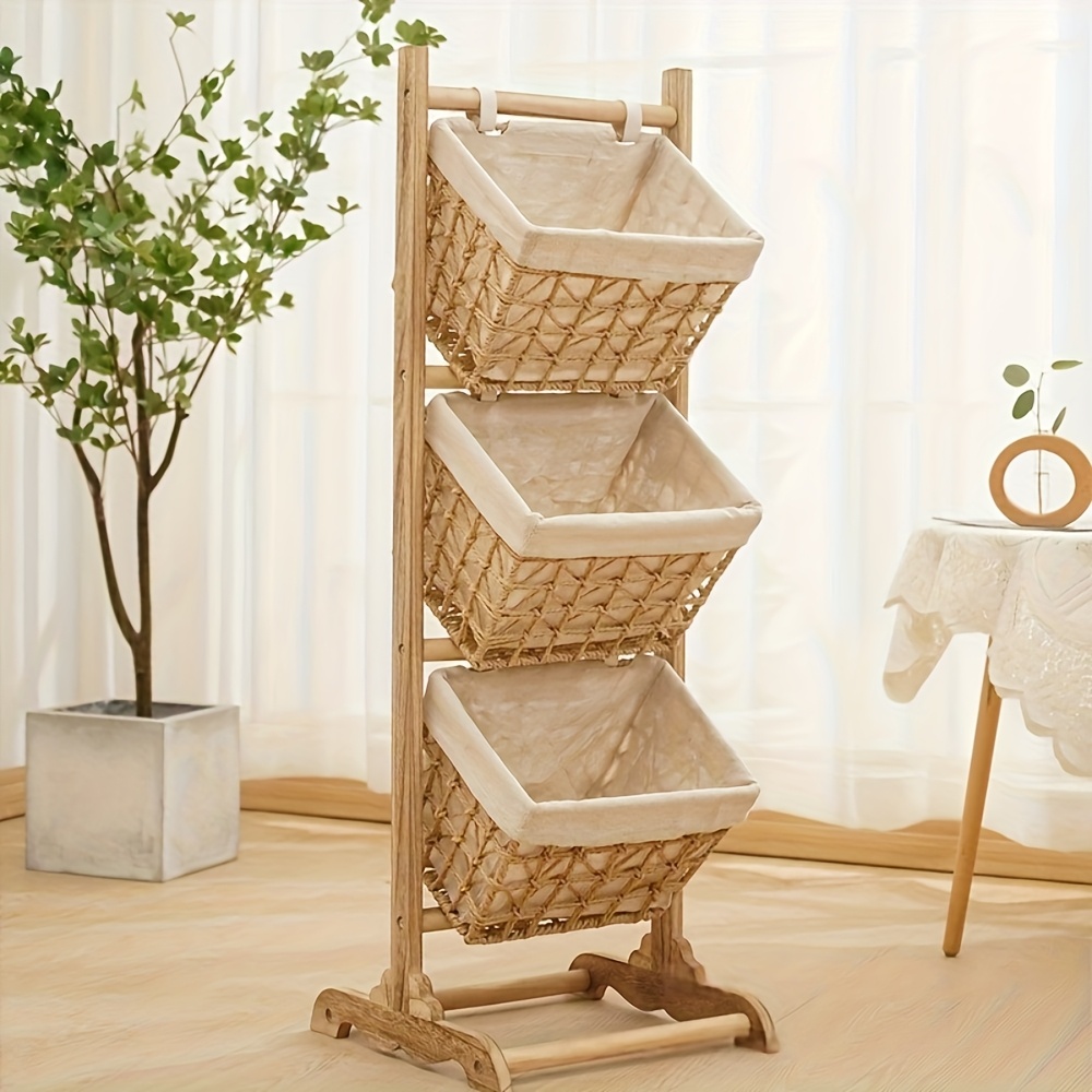 TEMU Handcrafted Woven Rattan Hanging Baskets, Wooden Home Storage Shelves, Floor-standing Bookcases, Multi-tier Storage Racks, Bedroom Storage