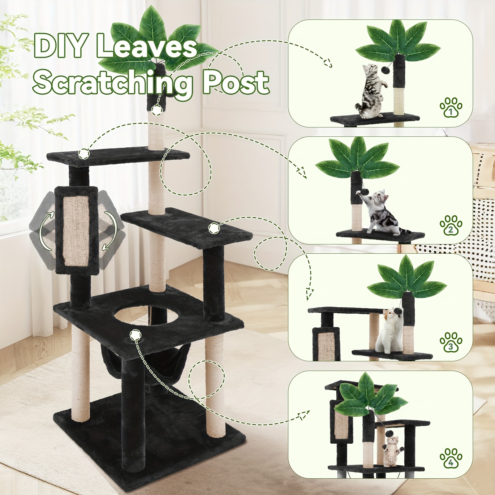 TEMU Tscomon 61" Cat Tree For Indoor Cats With Green Leaves, Multi-level Large Cat Tower For Indoor Cats With Hammock, Toy And Cat Sisal Scratching Posts Cat Furniture, For Living Room, Bed Room, Kitchen