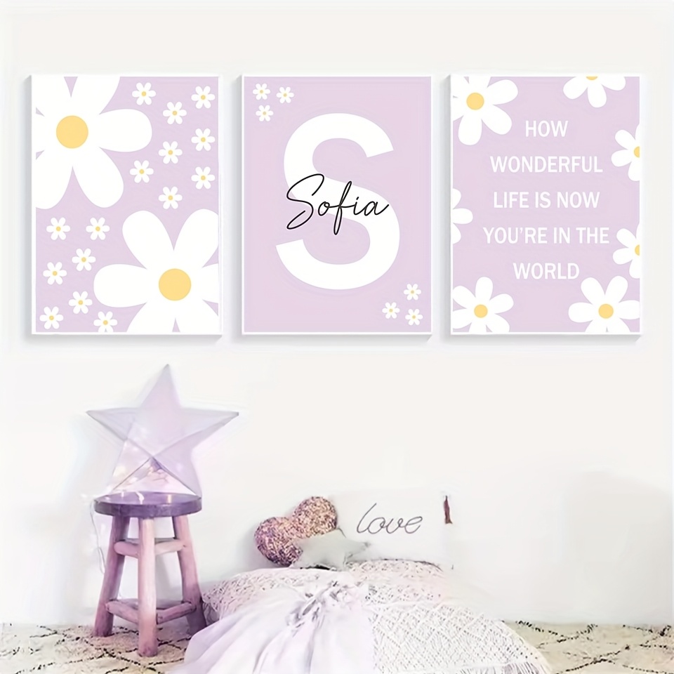 TEMU 2d Flat, 2d Flat, A Set Of 3 Frameless White Floral Wall Posters, Personalized Name Custom Canvas Art, Designed With A Purple Background,