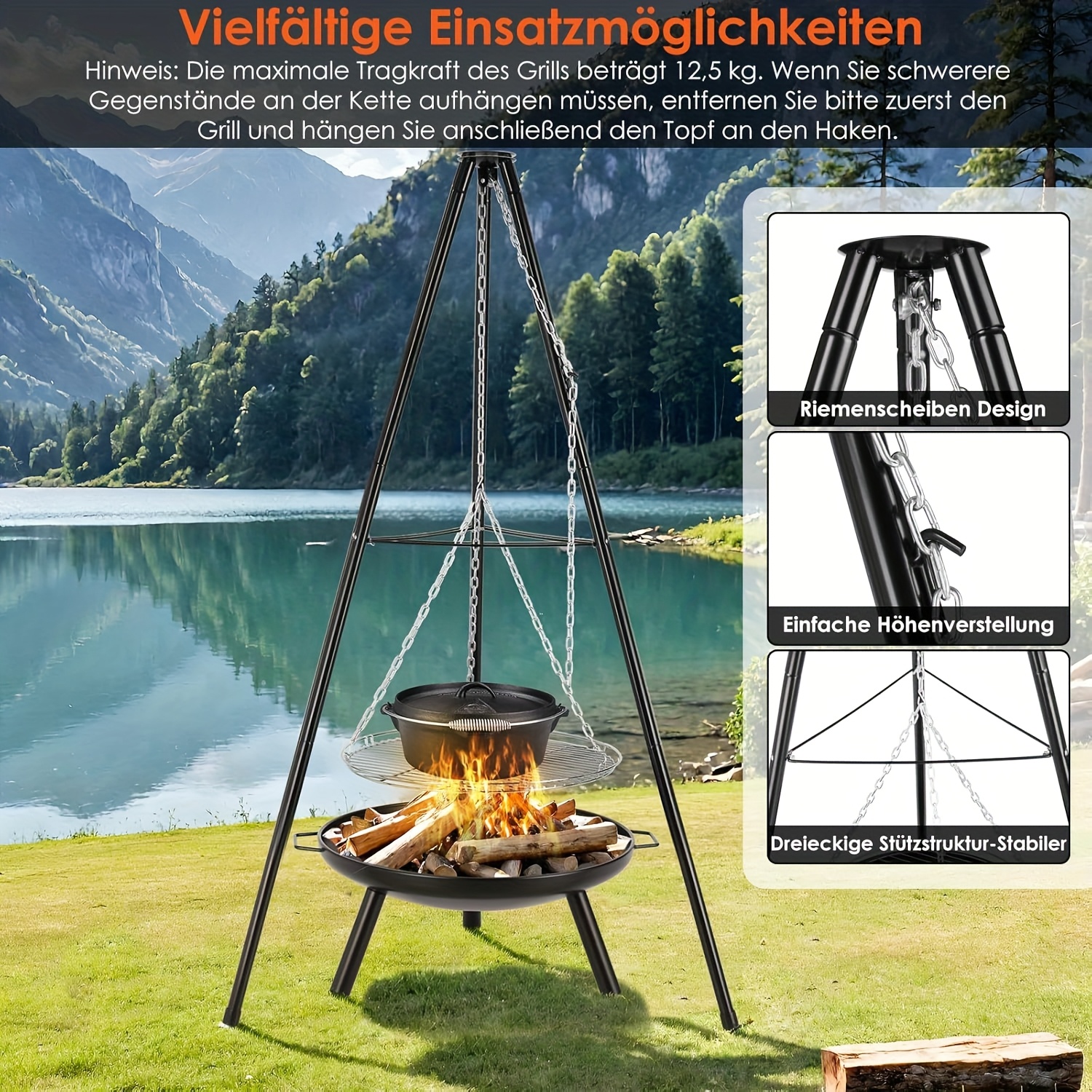 Outdoor Fireplace, Tripod With Fire Bowl And 200cm Height Adjustable Chain, Outdoor Grill, Suitable For Picnic, Outdoor Camping, Party