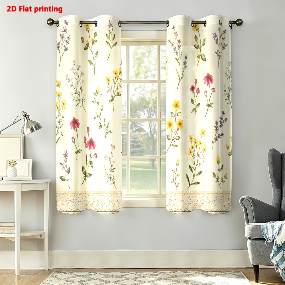 Image of 2d Flat - 2d Flat 2pcs Set Of Curtains With Floral Print For Bedroom Decor, Providing Light Filtering And - Light Luxury Minimalist European Style, Suitable For Living Rooms, Bedrooms, Study Rooms