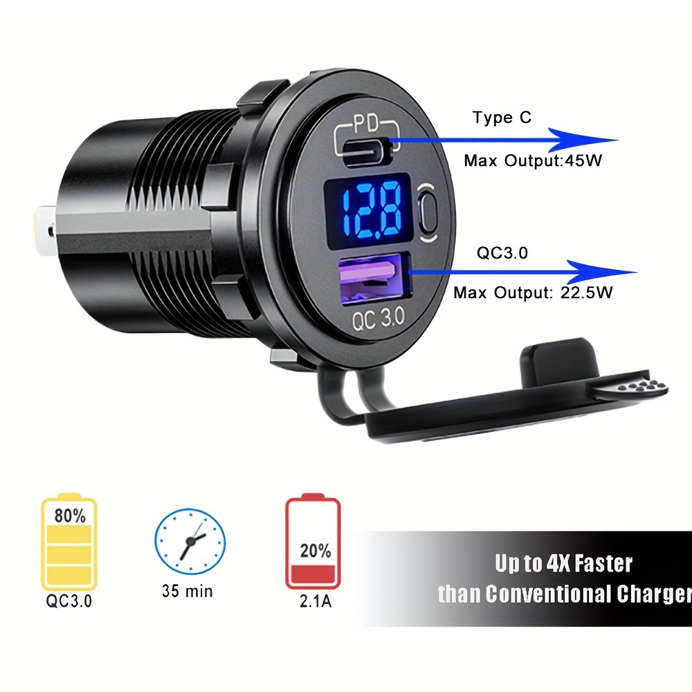 

Pd Type C Usb Car Charger Socket And Qc Outlet Socket With Switch And Led Voltmeter 12v/24v For Motorcycle Marine Rv Atv