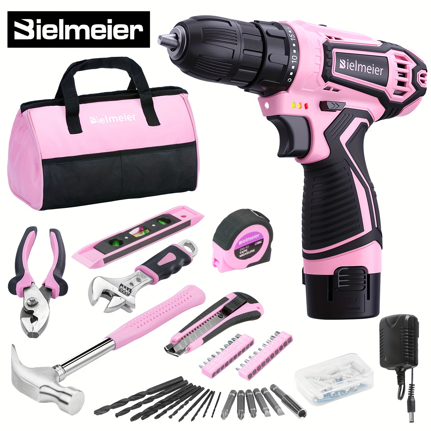 

Bielmeier 12v Cordless Set, With A Portable , 2 , 3/8 , 25+1 Torque Settings, 6pcs Pink Hand Tools, 36pcs Screwdriver And Drill Bits, Battery & Charger And Pink Tool Bag, Tool Kit For Women