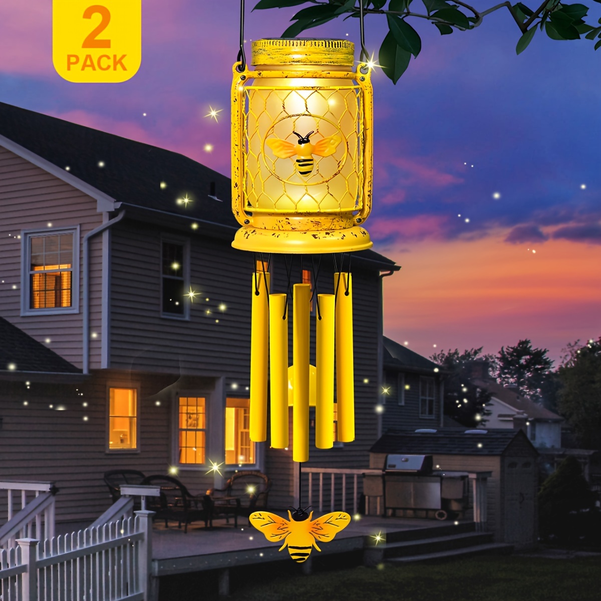 

2 Pack Solar-powered Honeybee Mason Jar Wind Chime Enchanting Garden Decor, Hang Solar Mason Jar Light Decor For Yard Garden Courtyard, And Christmas Atmosphere Lights