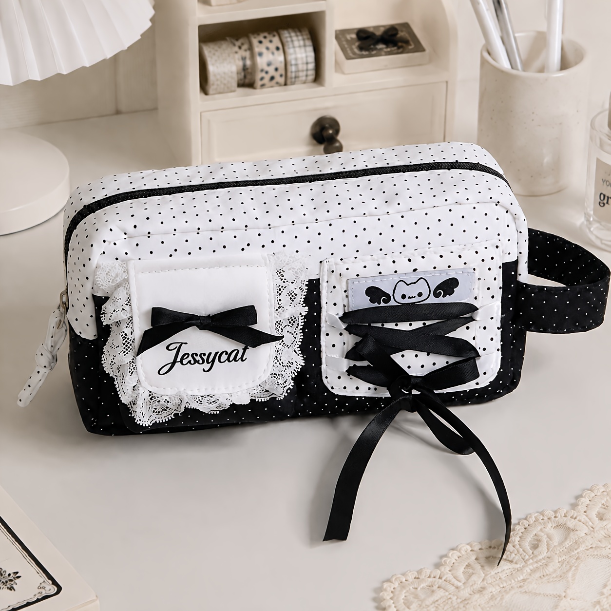 TEMU 1pc Multicolor Polka Dot Pencil Case, Vintage Lace Organizer Bag With Handle, Large Capacity Multi-compartment Storage Pouch For Pens, Markers,