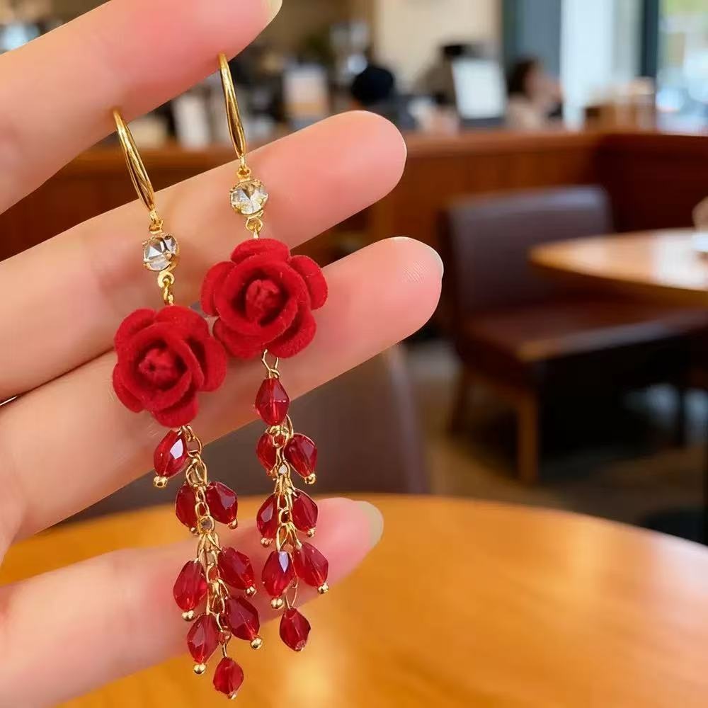 TEMU 1 Pair Fashionable High-end Red Flower Imitation Crystal Tassel Long Ear Hooks