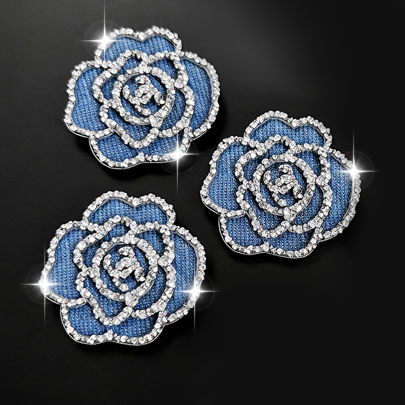 TEMU 3 pièces d'embellissements en denim fait main avec fleurs et strass thermocollants, roses en denim bleu résistant, patchs à coudre, style denim,