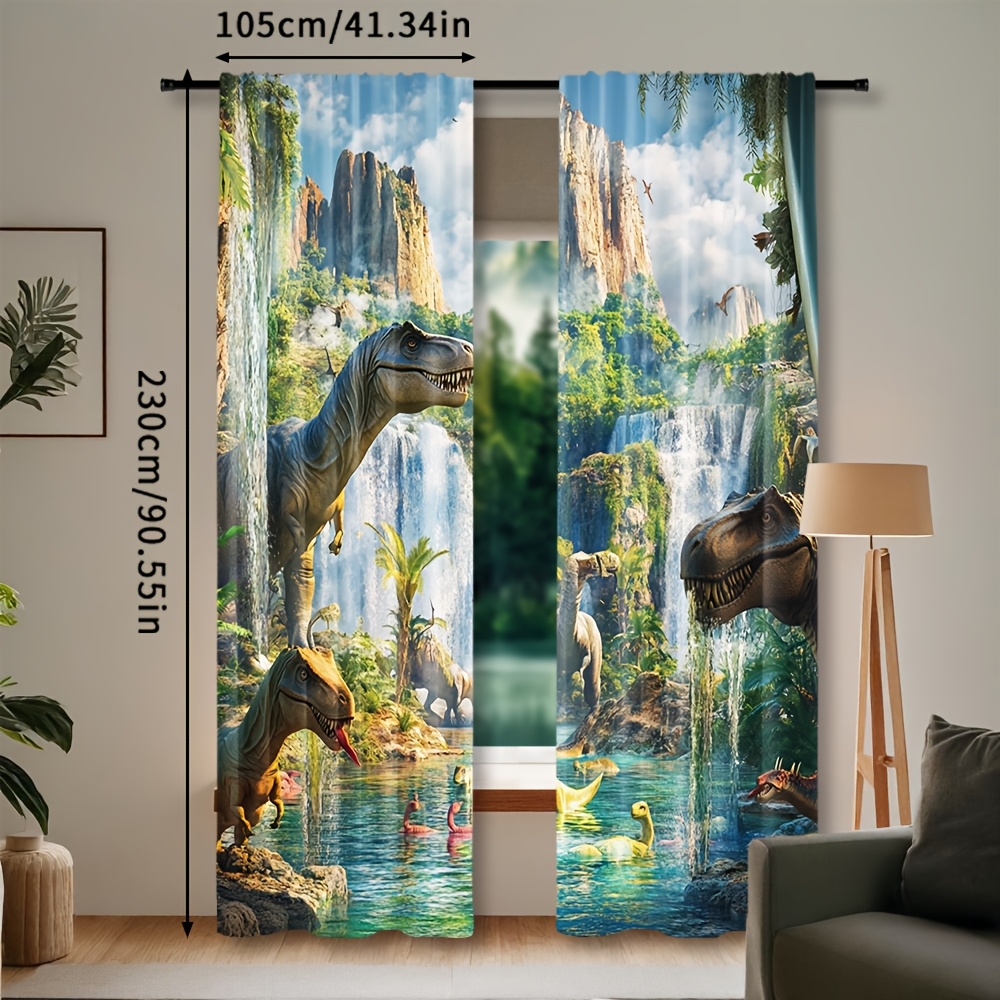 TEMU Lot de 2 rideaux dinosaures pour chambre à coucher, draperies imprimées nature en 2D pour salon, décoration mignonne et ludique