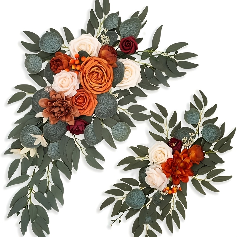 Image of Burnt Orange 2-set Artificial Fake Wedding Arch Faux Flowers And Greenery Garland For Wedding Decor, Ceremony And Reception Backdrop