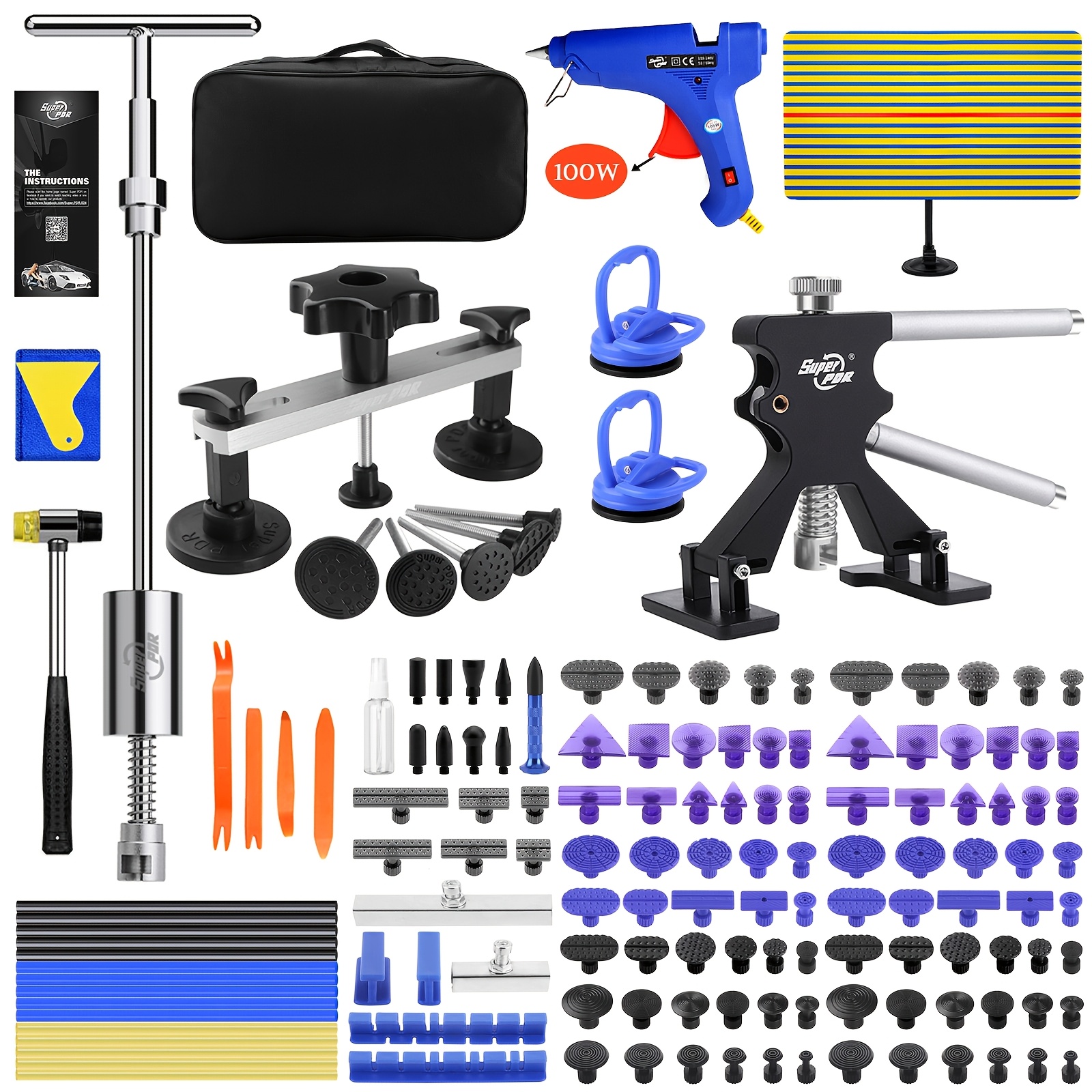 Image of 138pcs Professional Paintless Dent Repair Kit With Glue Gun, Inspection Board & 2-in-1 T-puller | Complete Dent Removal Tool Set For Cars, Hail Damage & Door | For Diy Owners & Mechanics