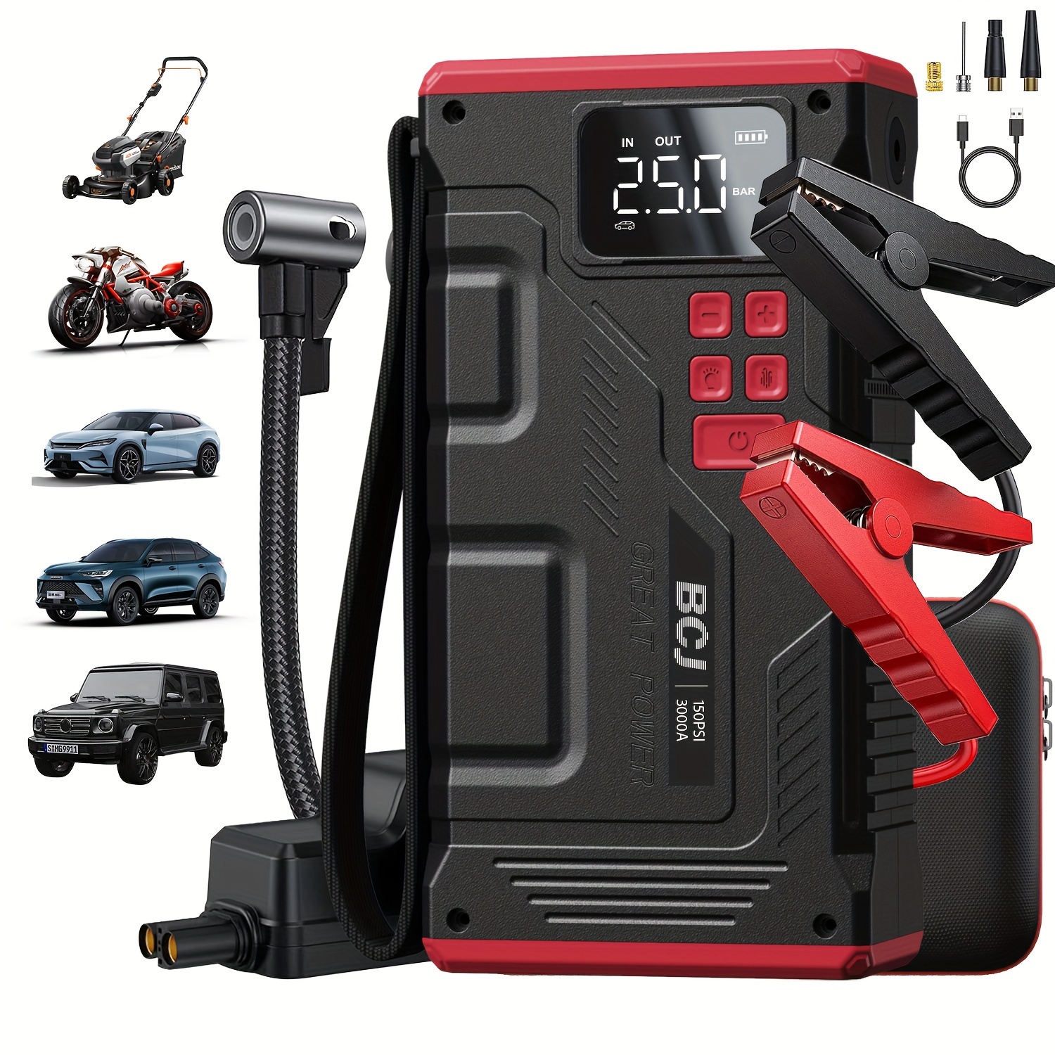 

Portable Car Air 3000a & Air Inflatorpeak (9.0l Gas, 8.0l Diesel) 150 Psi Tire , 12v Car Battery