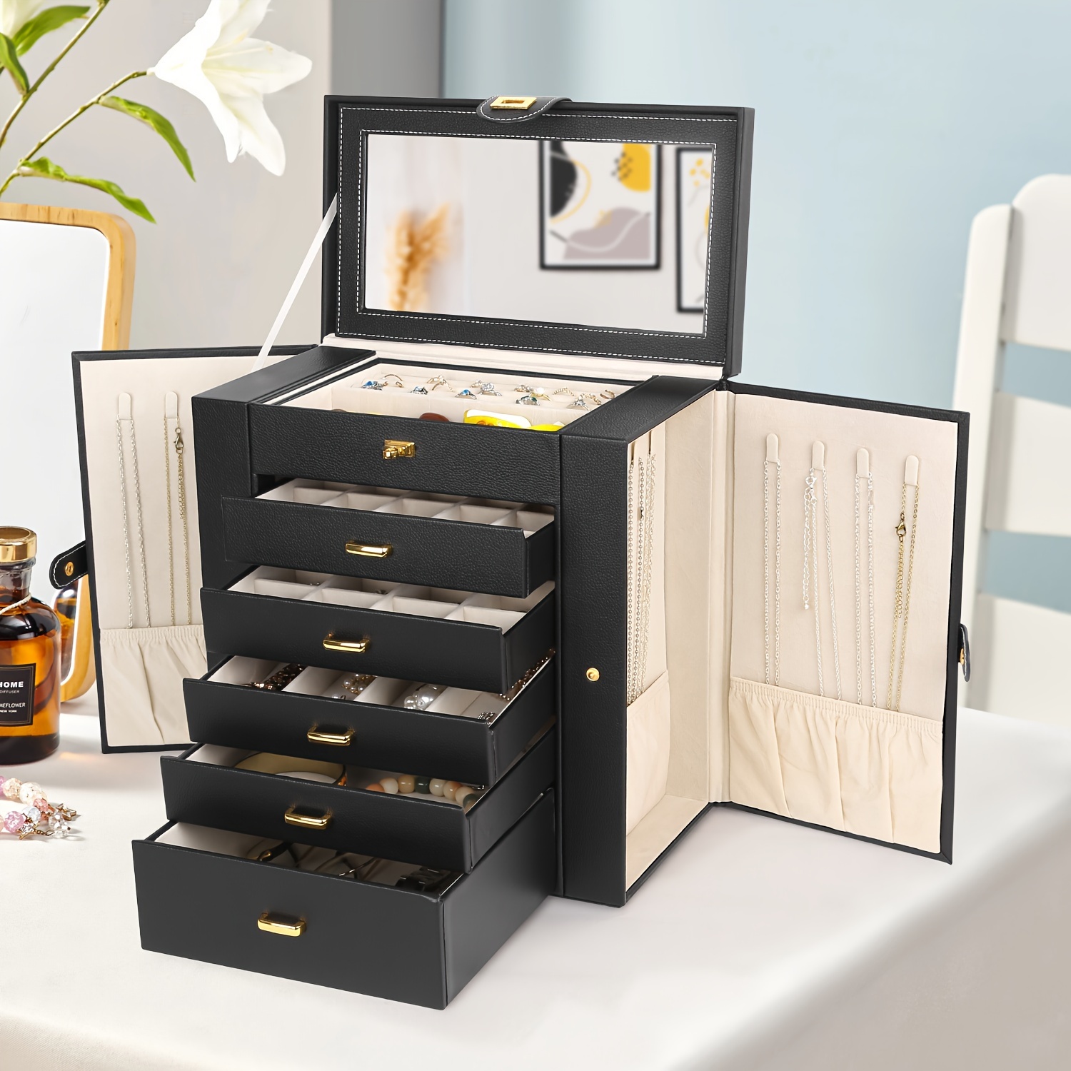 elegant large black leather jewelry box classic Temu