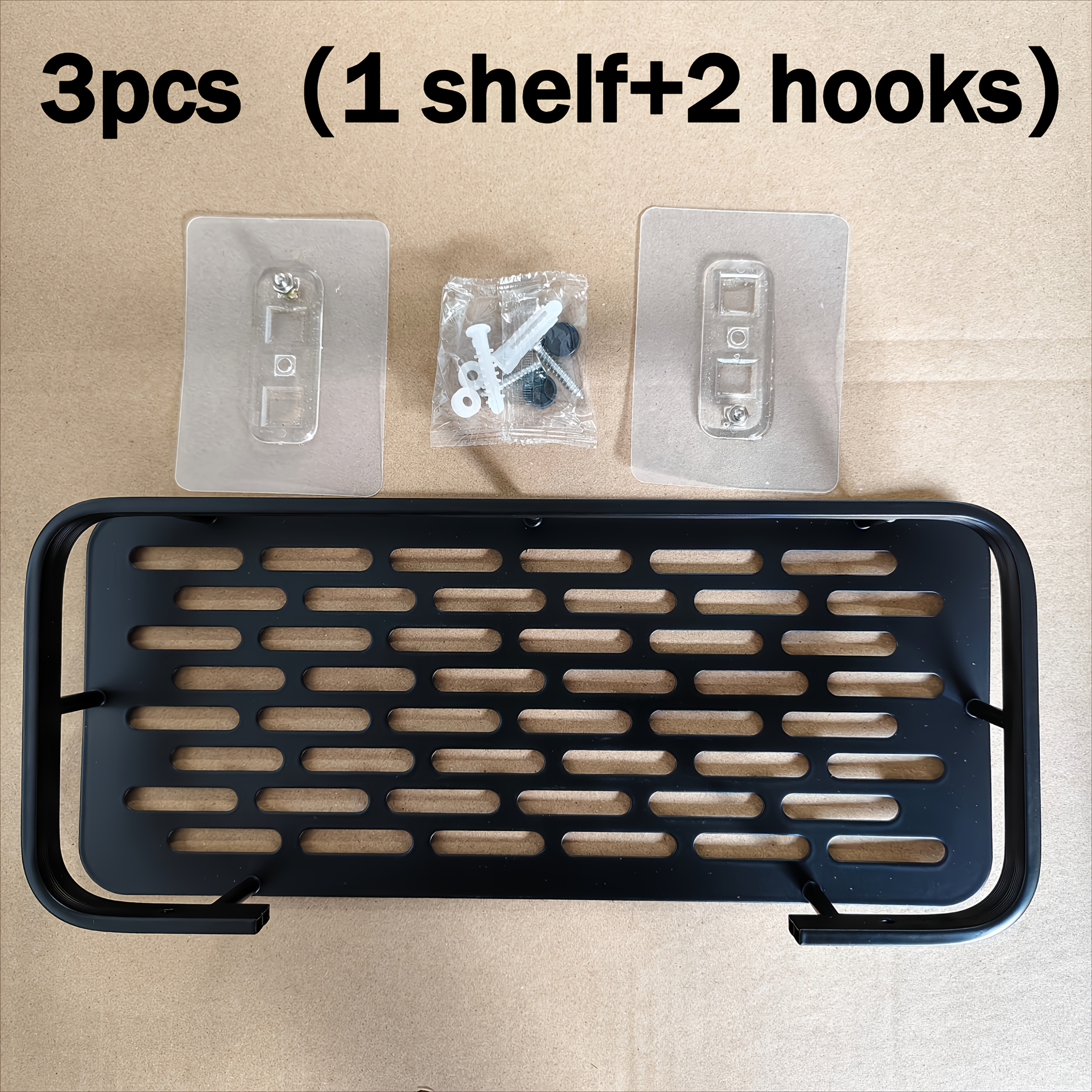 E-shop 3-teiliges schwarzes wandmontiertes Aufbewahrungsregal mit Haken – 1 Ablage + 2 Haken, extra großes Fassungsvermögen, bohrfreie Installation,