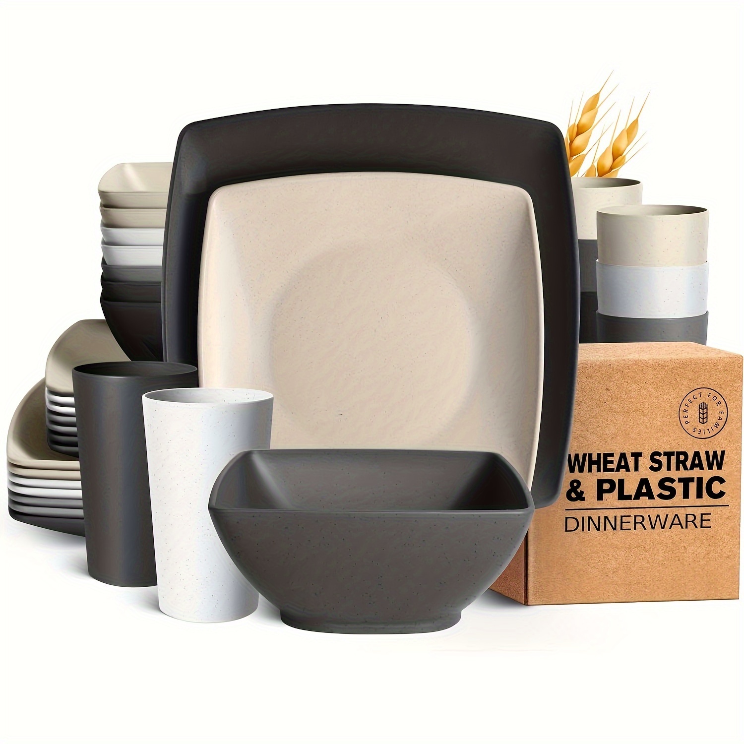 

Teivio 32-piece Plastic Wheat Straw Square Dinnerware Set For 8, Unbreakable Dinner Plates, Salad Plates, Snack Bowls, Tumblers 20 Oz, Dishwasher Safe, Stone
