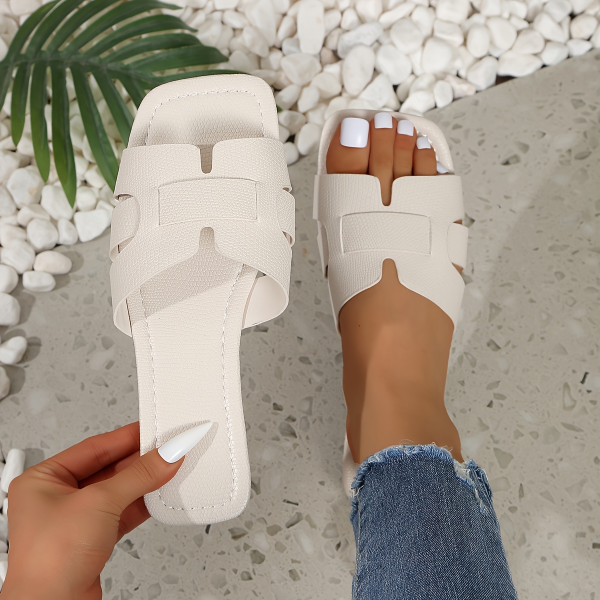 Women'S Flat Sandals - Colorful Square Toe Slip-On Shoes with Faux Cover Upper & Sole, Casual Summer Monogram Footwear in White, Pink, Yellow, Blue, Green & More, Everyday Sandals | Square Toe Design | Synthetic Cover Sandal