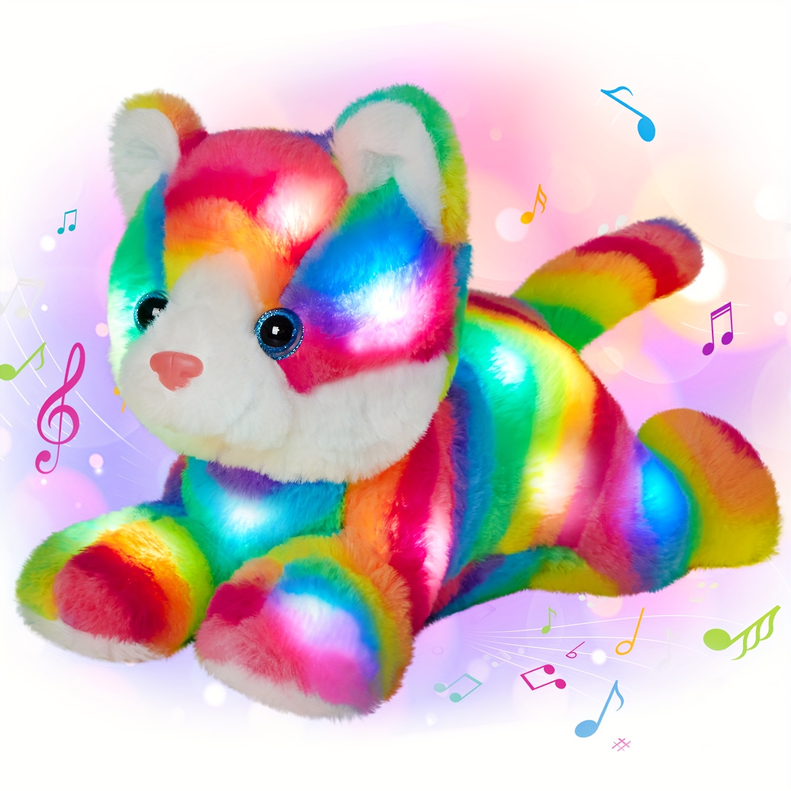 TEMU Musical Glowing Rainbow Cat Stuffed Animal | Cute Soft Polyester Cat Plush Toy With Colorful Lights And Sound, Ideal For Playtime, Birthday And