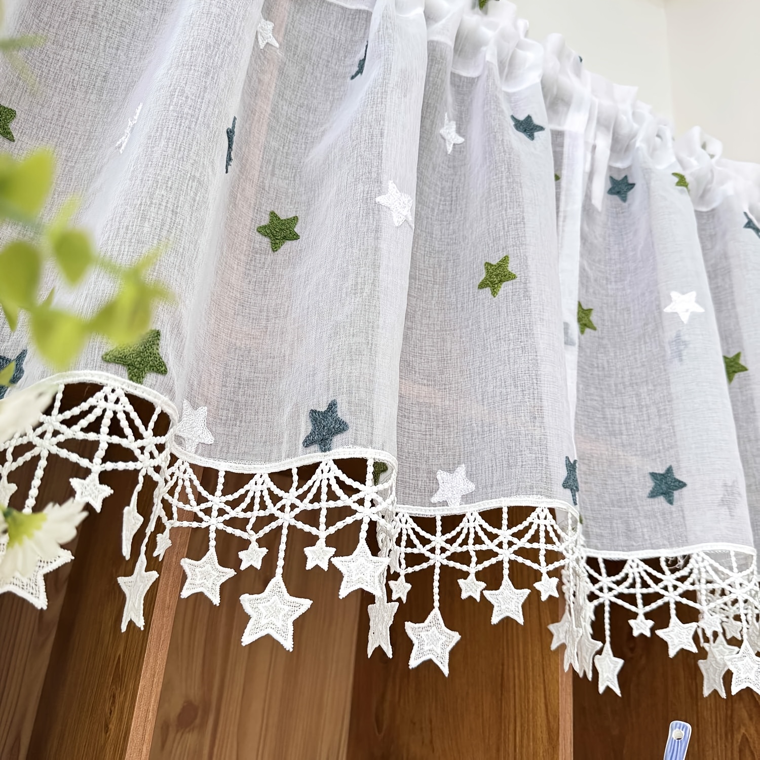 1pc Modern Embroidered Stars Short Curtain For Kitchen Small Window Cabinet Cafe Sheer Drape Study Home Decoration