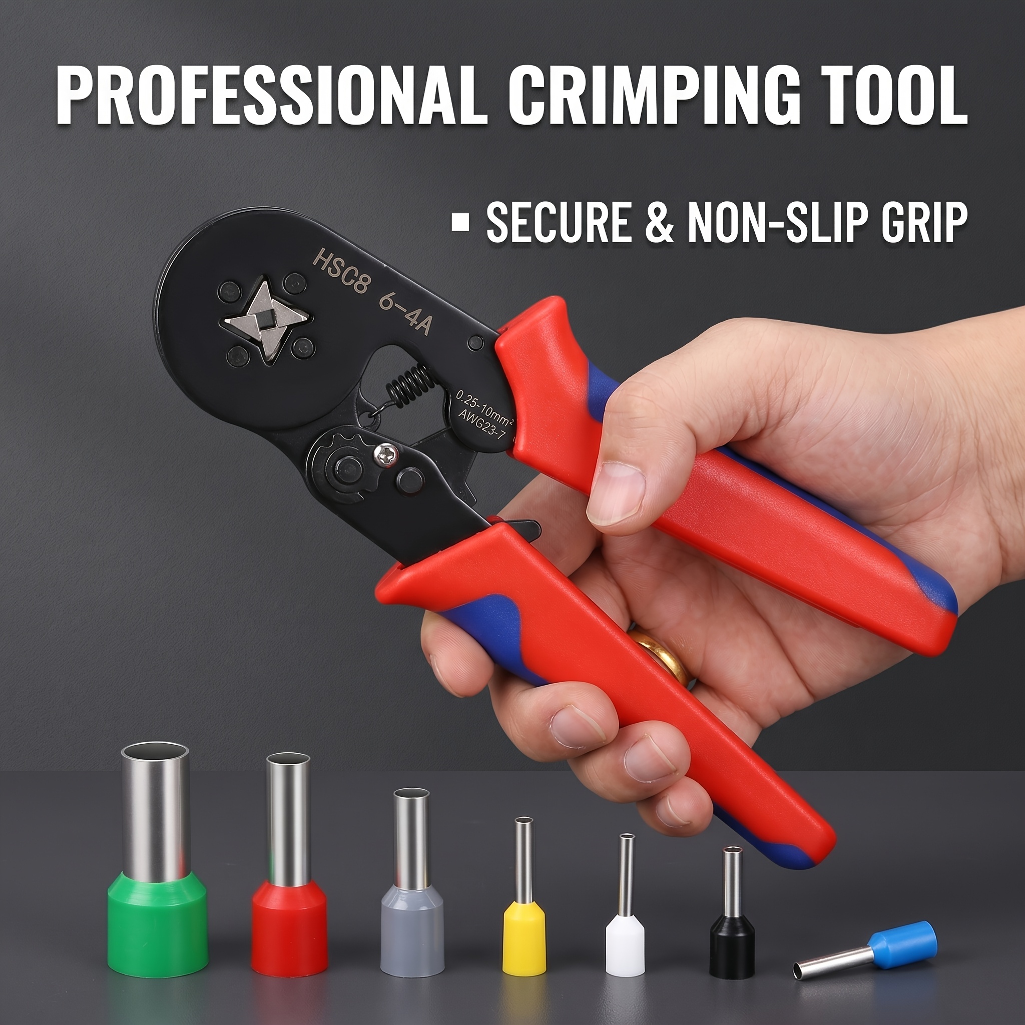 This Crimping Plier Model Is HSC8 6-4A, The Plier Body   of Black Metal, The Handle   of Red And Blue Non-Slip Rubberized Material, The Applicable Wire Diameter Range Is 0.25-10Mm² (AWG23-7), Suitable for Electrician Wiring