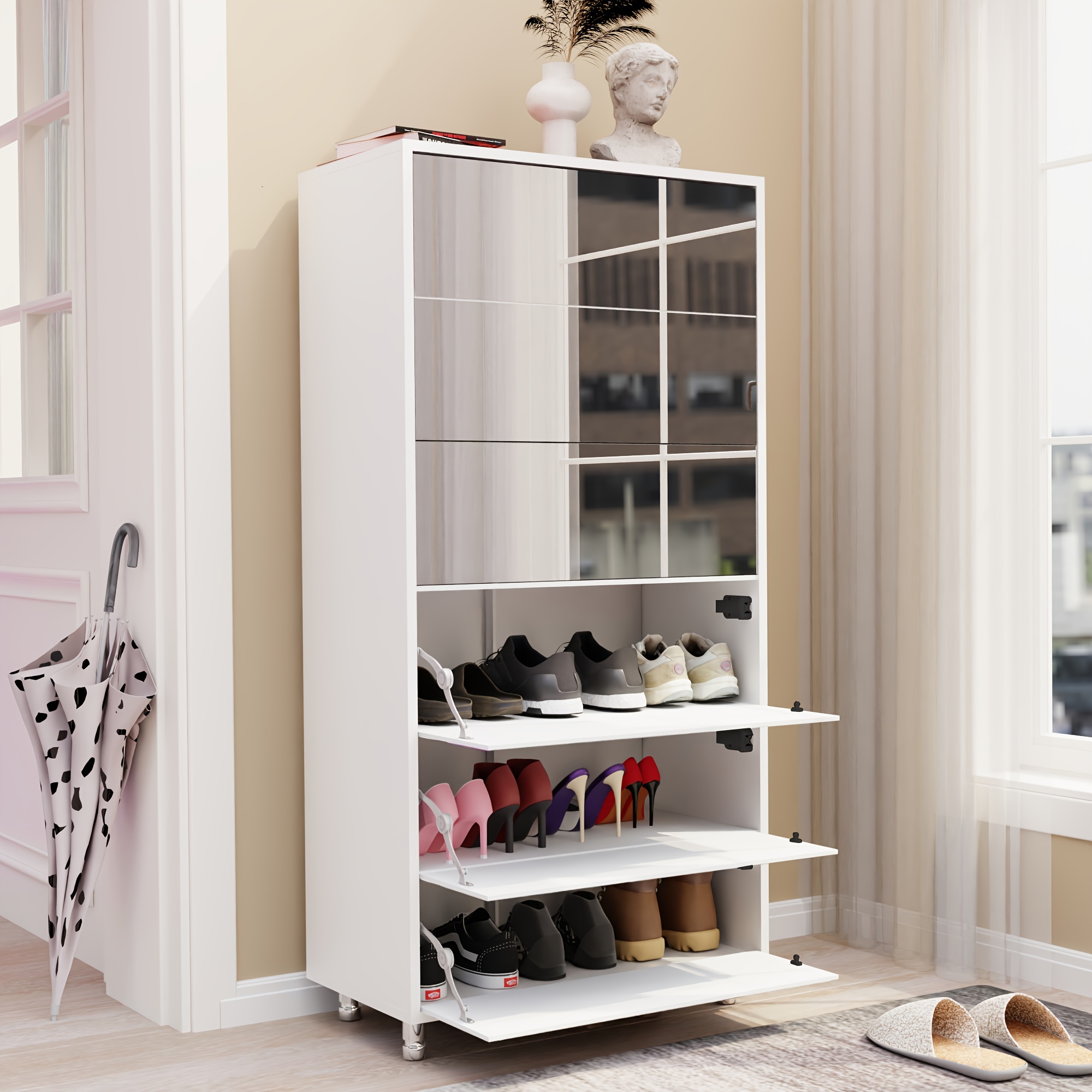 modern shoe cabinet with full-length flip-down drawers arc