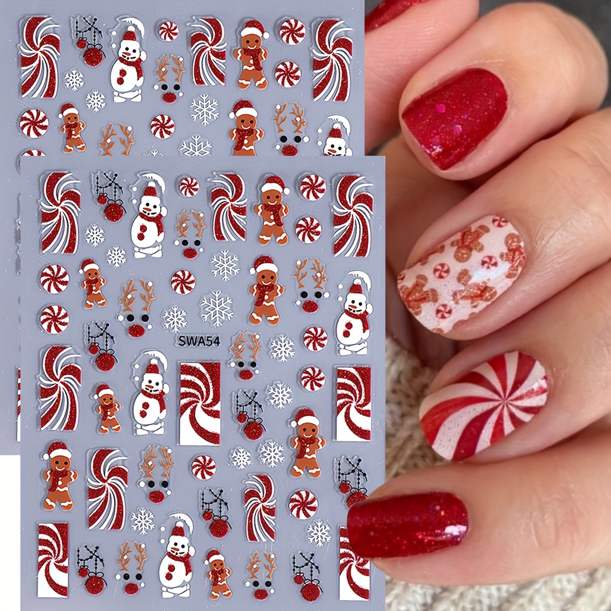 

2pcs Candy Cane Christmas Nail Art Stickers 3d Red Glitter Decoration Ball Gingerbread Man Snowman Nail Decals Snowflakes Design Charms Manicure Decoration