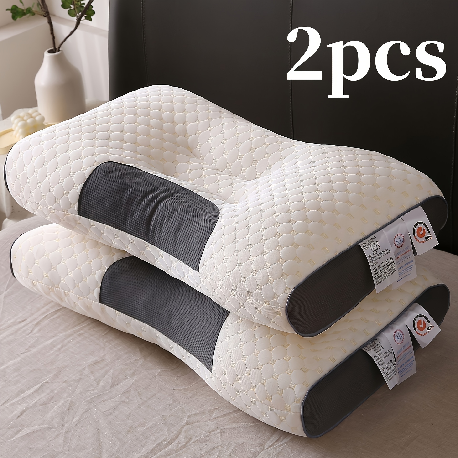 

2-pack Soft Knitted Polyester Neck & With Massage Function, Non-collapsing White Support Pillows For Adults - Machine Washable, Polyester Filling, No Embellishment