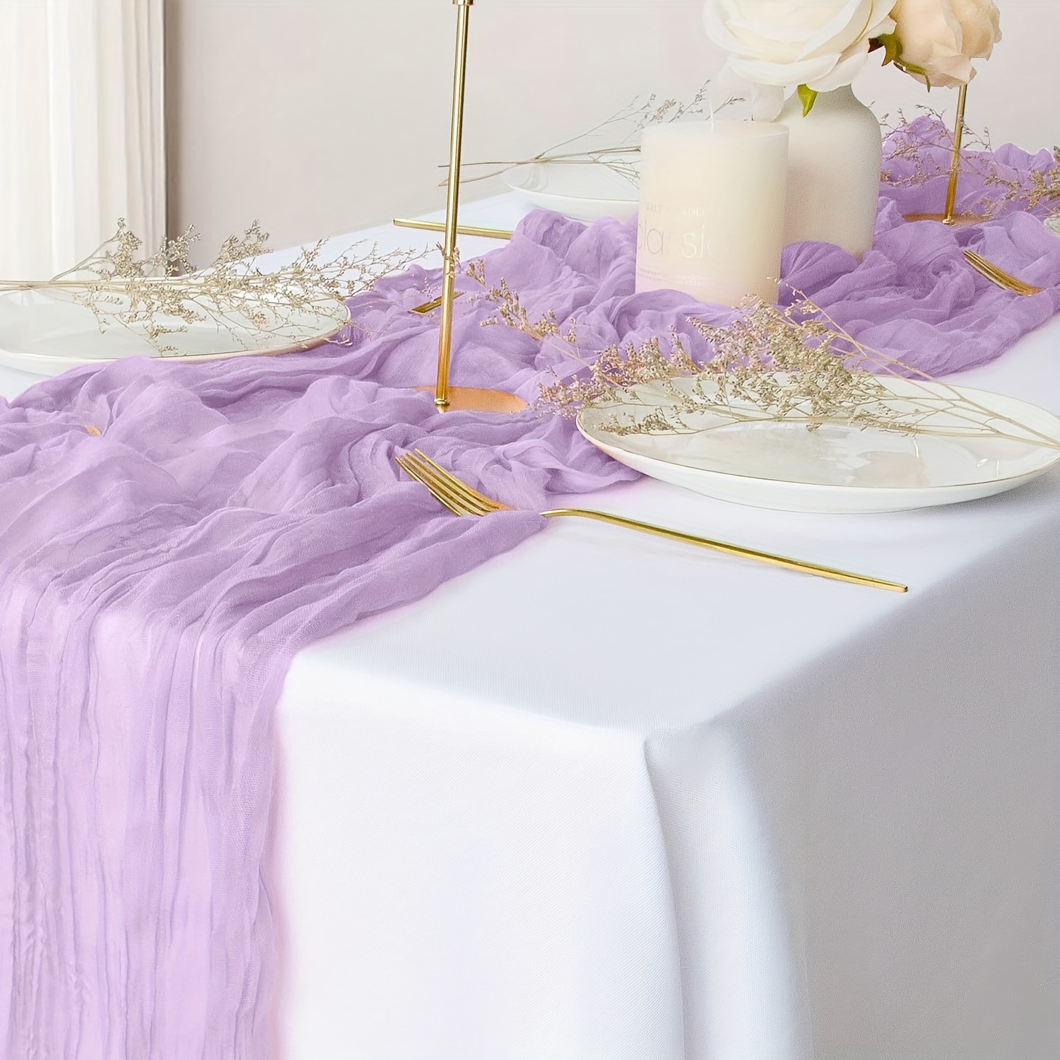 

1pc Table Runner, Lilac Cheese Cloth Table Runner, Light Purple 35x118in Bohemian Gauze Cheese Cloth Table Runner, For Wedding, Bride Baby Shower, Birthday, Party Table Decoration, Home Supplies