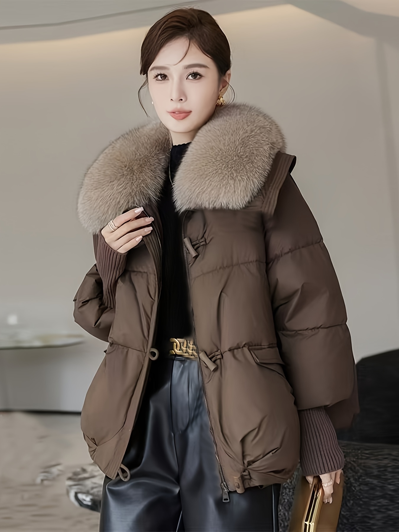 womens loose fit winter coat with removable   fur hood thickened long sleeve casual jacket brown button   casual winter wear   fur hooded coat thickened coat 0