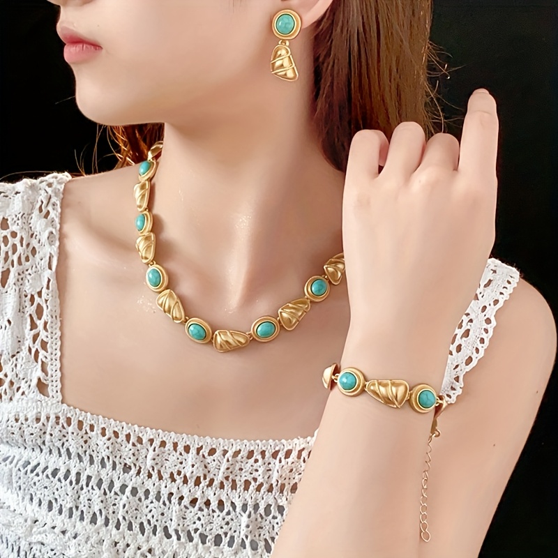 E-shop 1 Set Retro Vielseitige Malachit-Style Ohrringe und Halskette Damen 3-teiliges Set, Geeignet für Tägliche Geschenke