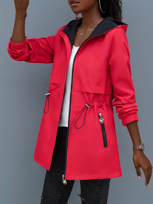 Artikelbild damen -length casual windbreaker jacke, doppelseitig für frühling und herbst, -oberbekleidung, modische rote und schwarze farbblöcke, kapuze, nicht herausnehmbares fronttaschen-design, reißverschlusstaschen, verstellbarer kordelzug in der taille