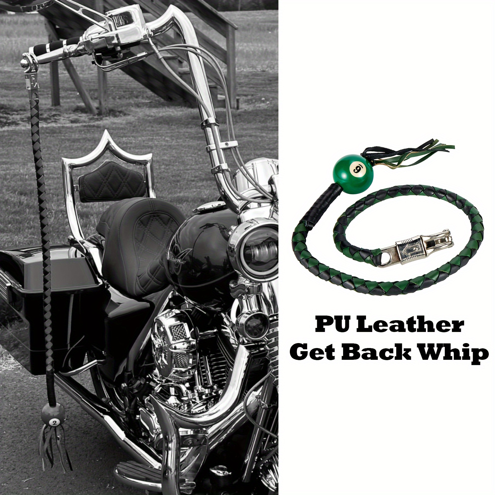 

Green And Black Long Pu Leather Motorcycle Whip With Pool Ball 6 And Biker Whips Handlebar Accessories For Motorbike, 42inch/107cm