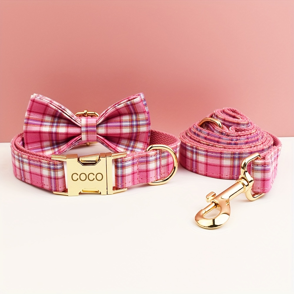 Personalized Plaid Dog Collar with Matching Leash, Custom Engraved