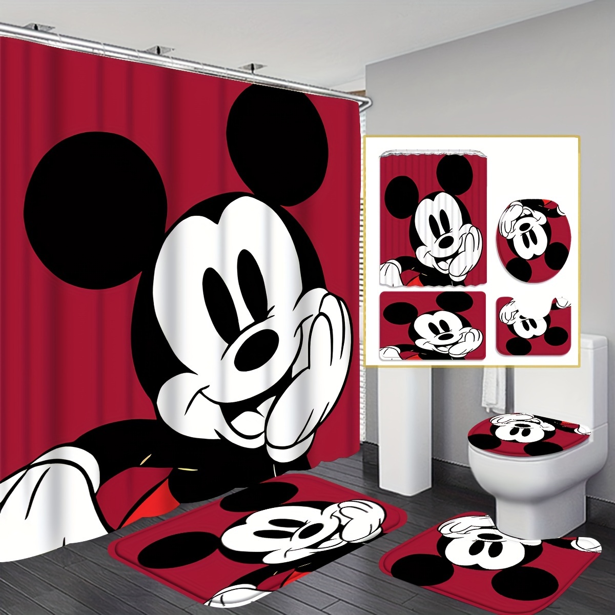 

Disney Mickey Mouse Shower Curtain Set With 12 Hooks, Waterproof Polyester Curtain, Non-slip Bath Mat, U-shaped Toilet Mat, And Toilet Mat, Machine Washable, Water-resistant, Woven Weave - Ume