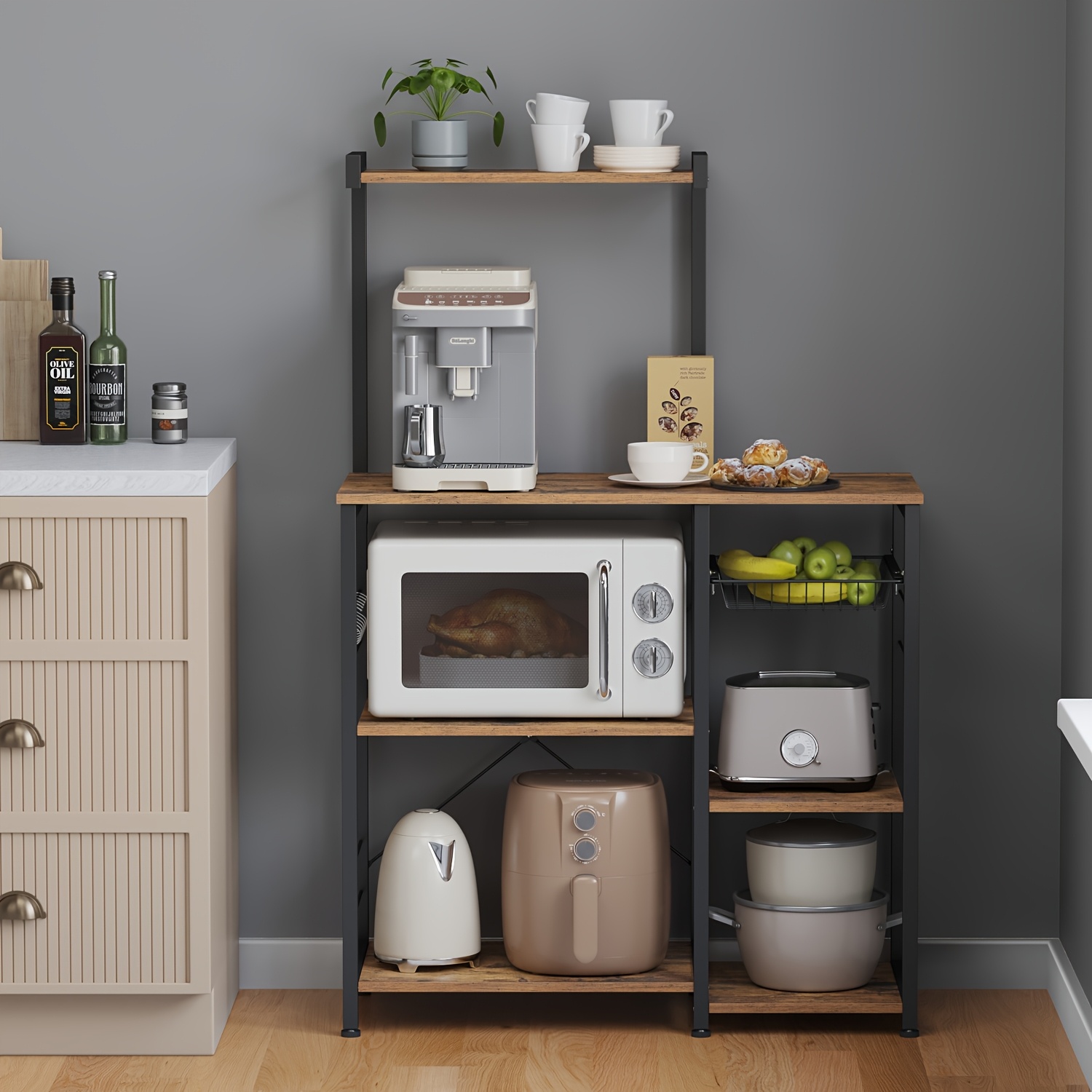 Storage Shelf For The Kitchen Featuring A Baker's Rack And A Coffee Bar With A Wire Basket