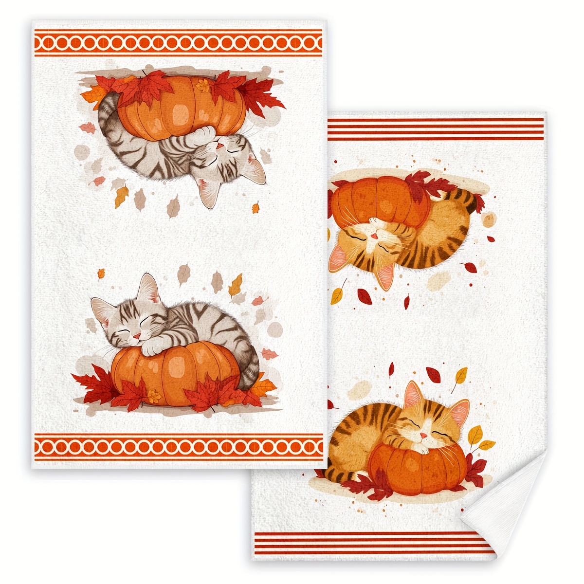 TEMU Festive Fall Kitchen Towels: 2 Pieces With Adorable Pumpkin Cats - Machine Washable, High Quality, And Perfect For Home Decoration