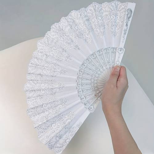 lace womens hand fan silvery flower hand fan foldable vintage decorative fan bridal photo prop wedding favor suitable for weddings dance theme parties festivals