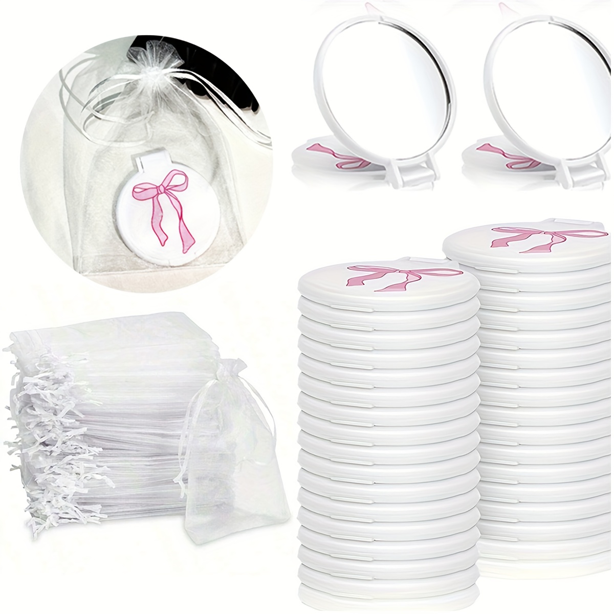 E-shop 24 Stück Rosa Schleifen Mini-Taschenspiegel Set – Kompakte Runde Schminkspiegel mit Weißen , Ideal als Geschenk für Frauen, Geburtstage