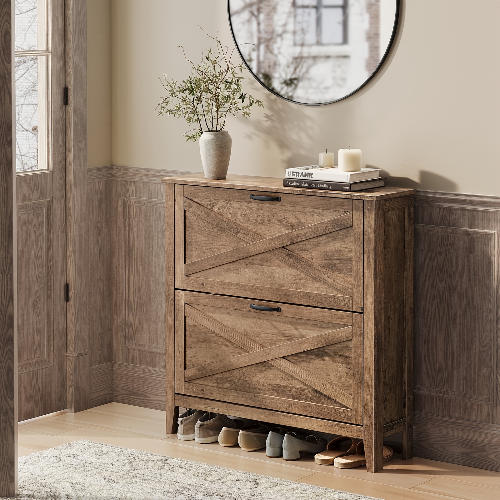 TEMU Collection - Shoe Storage Cabinet Organizer With 2 Flip Drawers, Freestanding Narrow Shoe Rack Cabinet For Entryway, Farmhouse Style, Fits 12 To