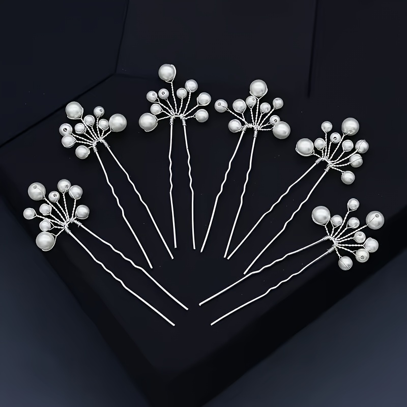 

6pcs Faux Pearl Decor Hair Pins, Handcrafted U-shaped Hair Accessories, Fashionable Wedding Headwear Bridal Accessories