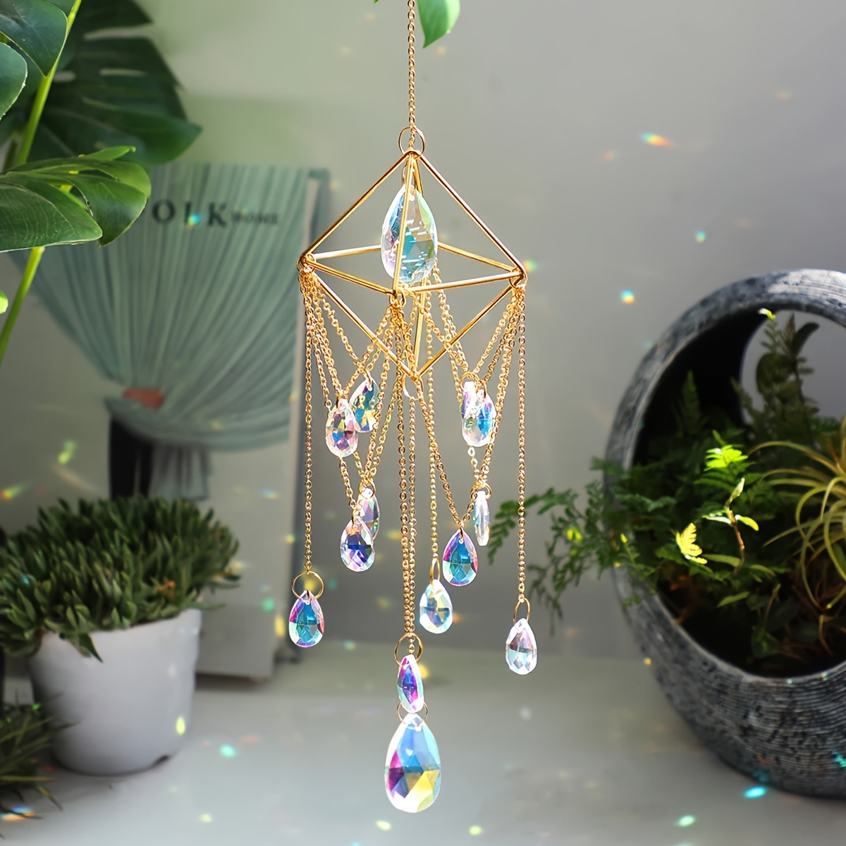 

1pc Outdoor Garden Metal Crystal Star Moon Sun Catcher Window Hanging Decoration, Bedroom Room Wind Chime Charm Wall Decoration Pendant