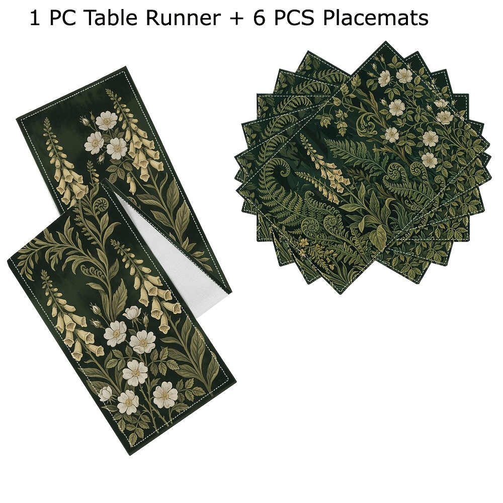 TEMU 5/6/7/8pcs Arts And Crafts Botanical Fern And Woodland Tablecloth, Placemat, And Tissue Box Cover Set Kitchen Dining Table Decoration, Suitable