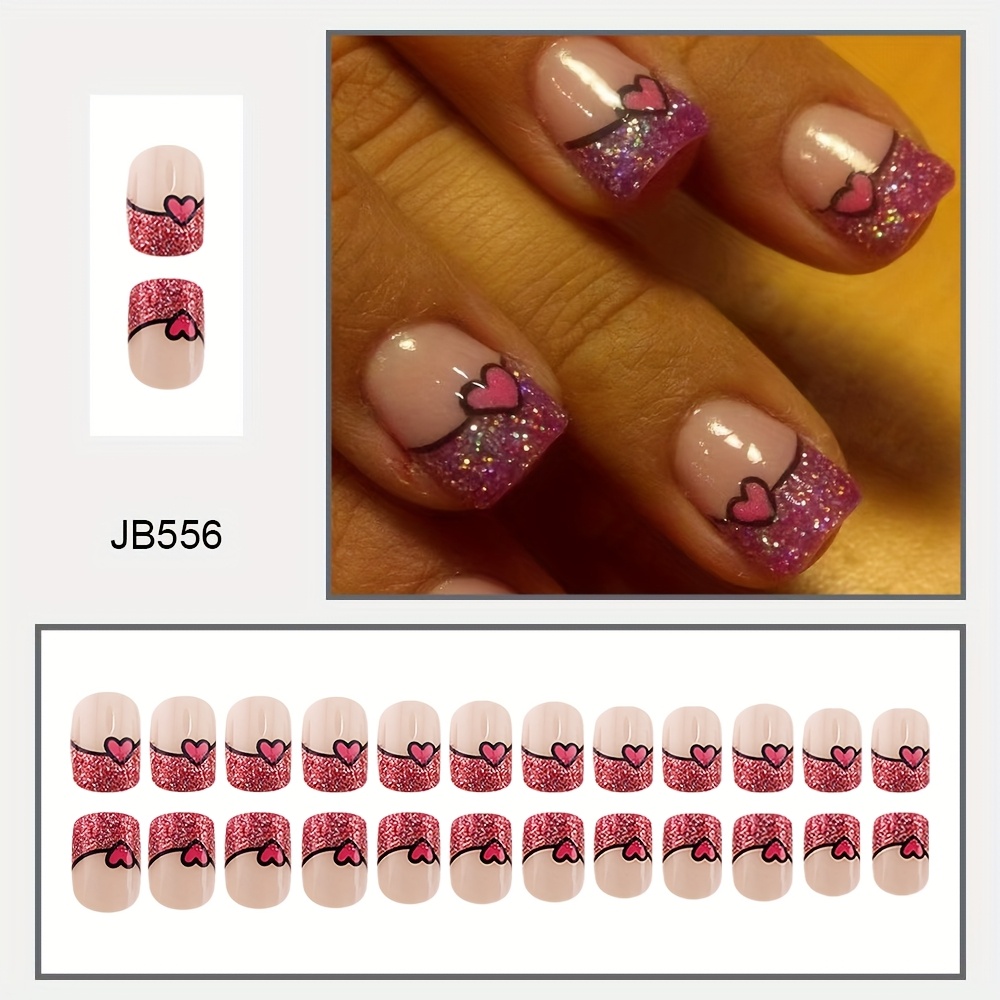 TEMU 24pcs Short Square Nail Creative Valentine's Day French Red Heart Sparkling Nail Stickers Wearable Removable False Nails