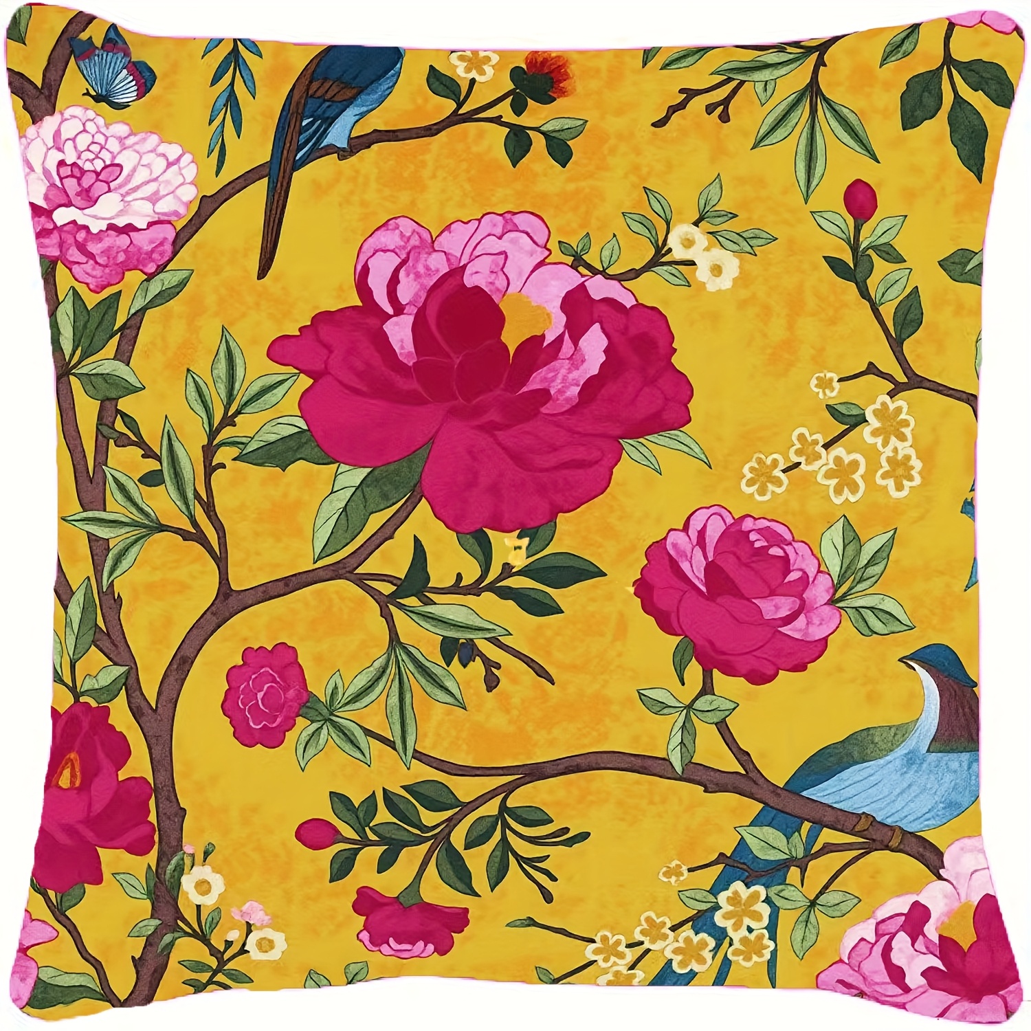 TEMU 1pc Chinese-style Pillowcase, Golden Pillowcase, Chinese-style Floral And Bird Print Pillowcase, Suitable For Sofa, Bedroom, Outdoor, Bed,