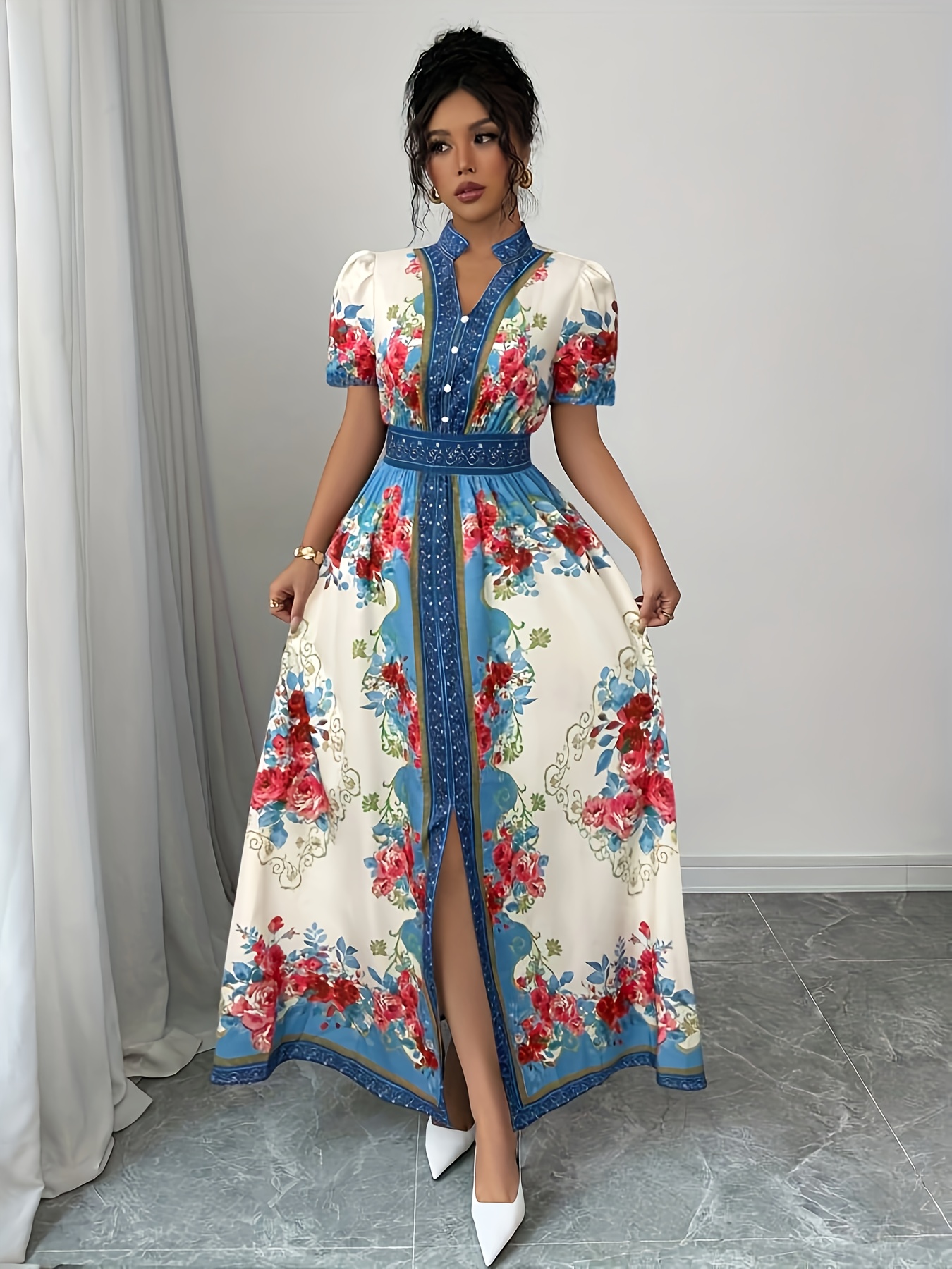 womens floral print elegant a line dress with stand up collar puff short sleeves machine washable summer long dress with side   regular fit for casual formal occasions cute dresses Product details 19