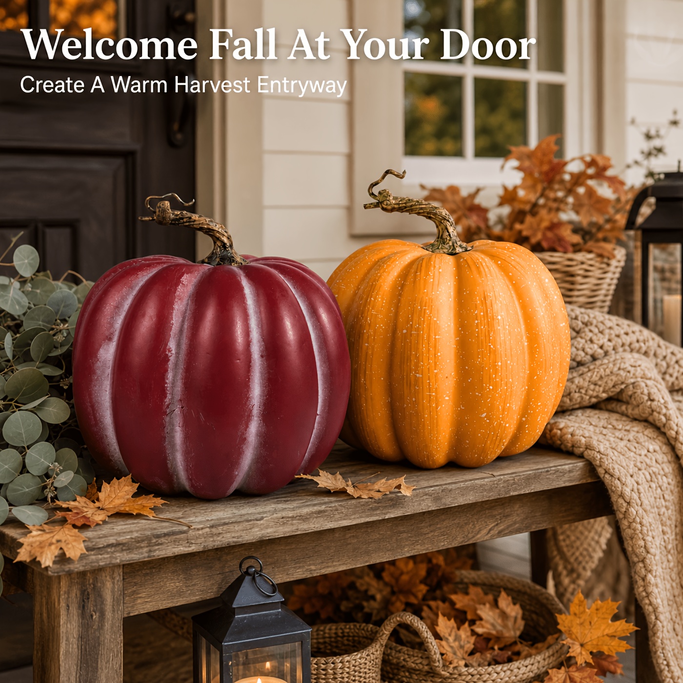 TEMU 2-pack 9.05 Inch Large Fall Pumpkin Decorations, Burgundy And Orange Pumpkin Set, Style Autumn Decor, Perfect For Front Porch, Fireplace,