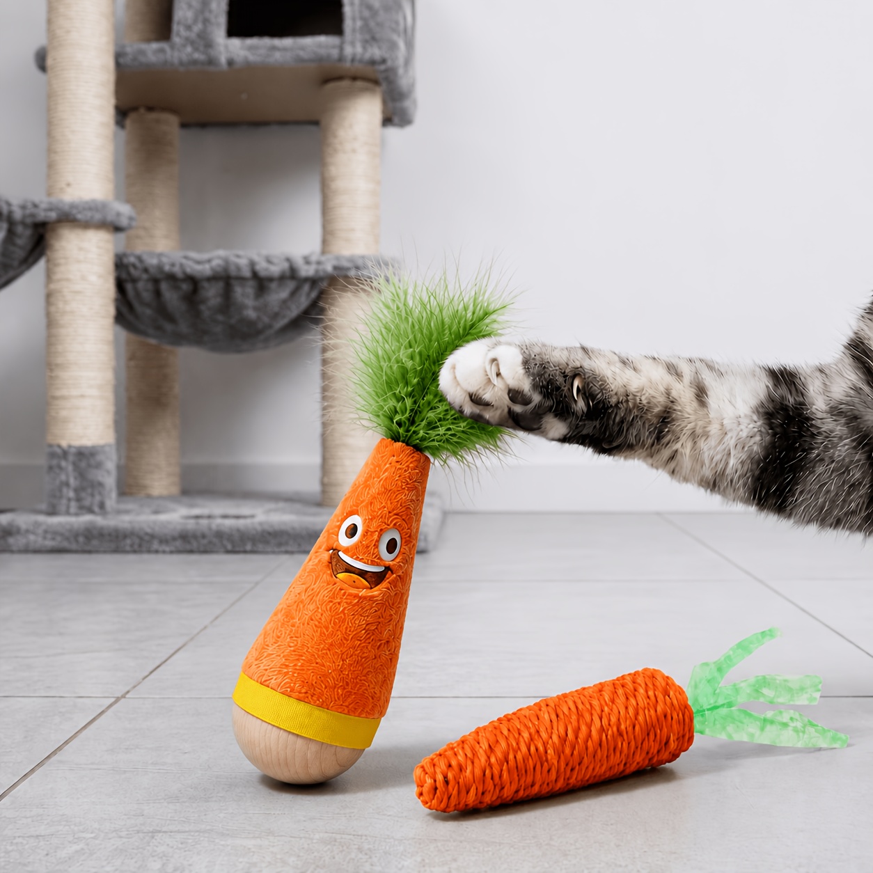 TEMU Cat Toy 2pcs Set 1pc Feather Wobbler Cat Toy And 1pc Hemp Rope Carrot Indoor Interactive Self-amusement Boredom Relief Toy Scratch Bite Energy