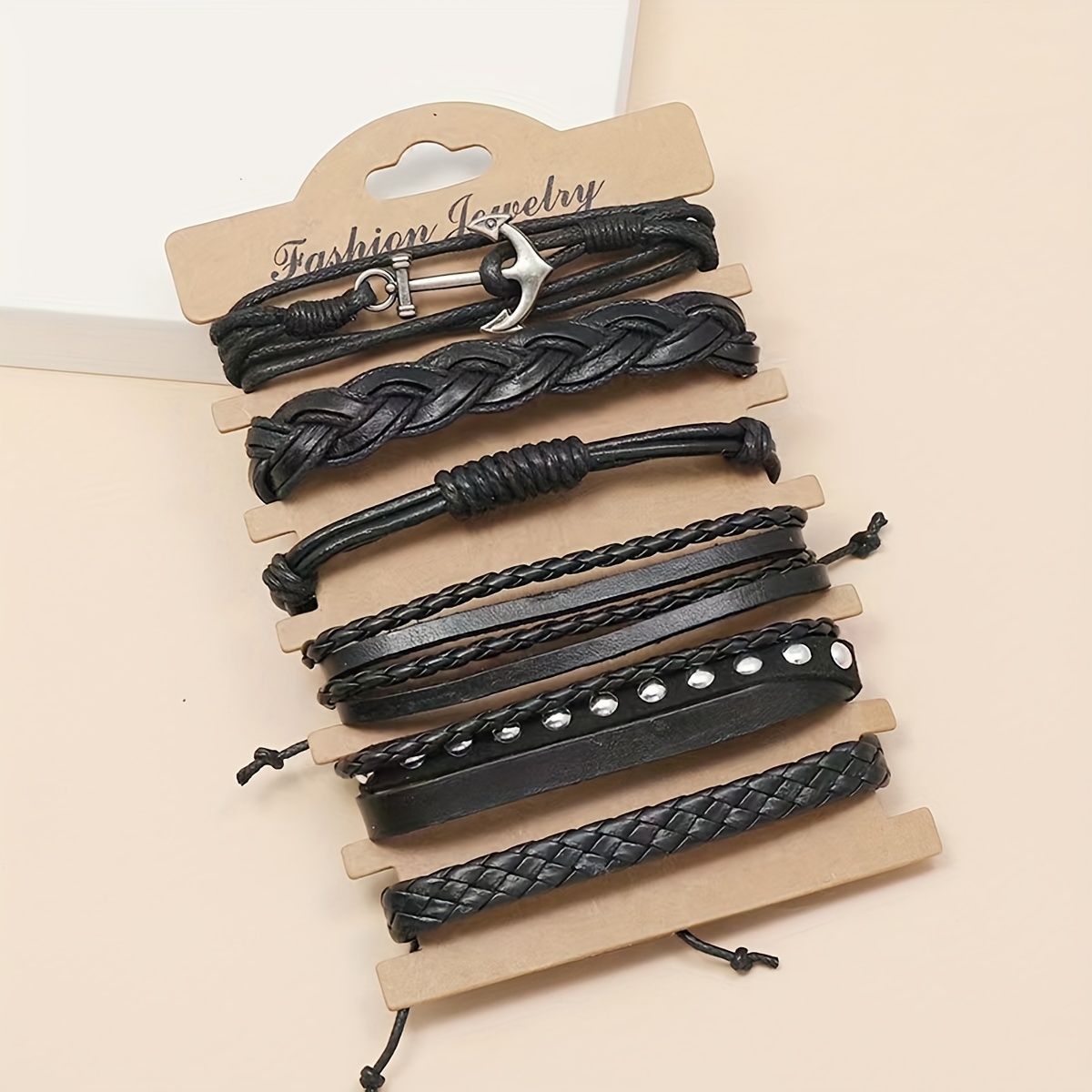 TEMU 6 Pcs Leather Braided Bracelet, Medieval Leather Cuff Wristband With Anchor